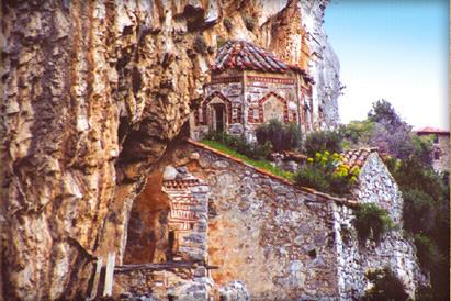 Moni Filossofou (Monastery of Philosophos) - the old monastery (10th c.) is built in the hollowness of a high rock MONI AIMYALON & FILOSOFOU (Monastery) DIMITSANA