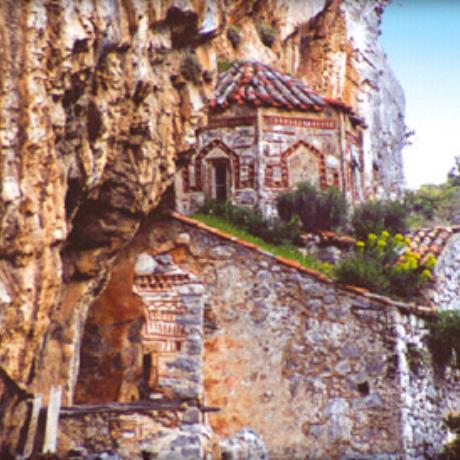 Moni Filossofou (Monastery of Philosophos) - the old monastery (10th c.) is built in the hollowness of a high rock, MONI AIMYALON & FILOSOFOU (Monastery) DIMITSANA