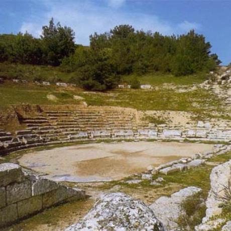 Sikyon, ancient theater. It lies below the acropolis of Sicyon; the first rows of seats, the orchestra with a subterranean passage and part of the skene are preserved , SIKYON (Ancient city) CORINTHIA