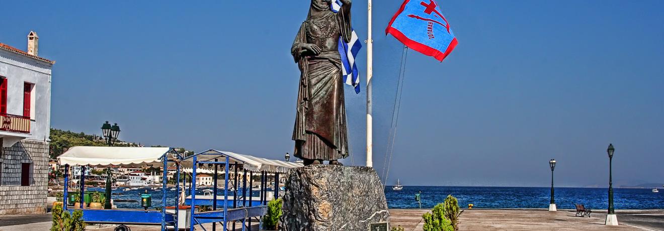 Statue of the 1821 war heroine Bouboulina in the port of Spetses.