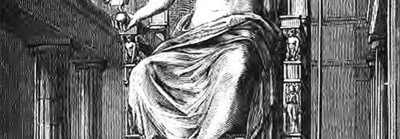 The statue of Zeus at Olympia, one of the 7 wonders of the ancient world. Engraving, 19th century