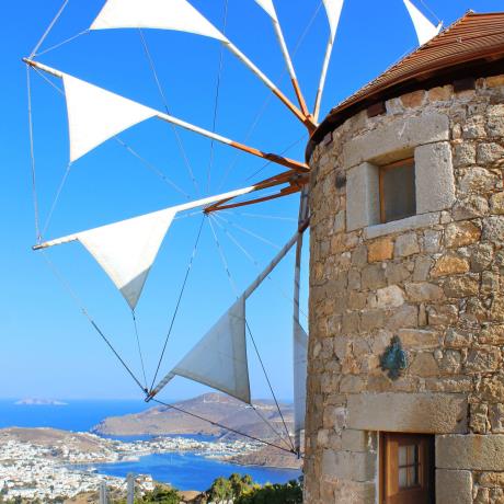Typical windmill at Patmos Chora. Behind lies the Scala (Patmos port), PATMOS (Small town) DODEKANISSOS