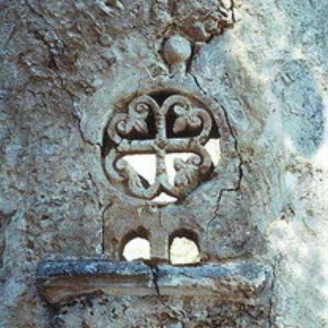The rear window and the unusual decoration of Sotiras Christos Church, Moni Kaloidena, ANO MEROS (Village) SYVRITO