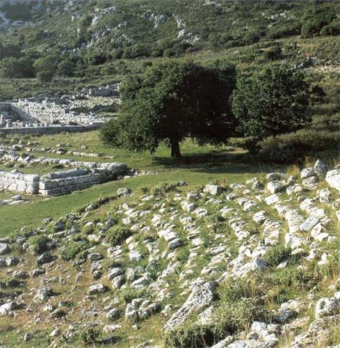 Theater of Cassope; the Hellenistic theater at Cassope is built at the northwest edge of the city on a rocky hillside; there was a second theater to the south  KASSOPI (Archaeological site) EPIRUS