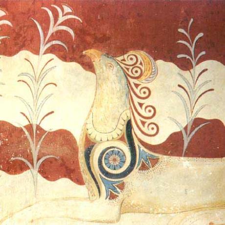 The Palace of Knossos, lilies and acanthus, favorite flowers of the ancient artists, adorn the wall-painting of the griffins in the Throne Room , KNOSSOS (Minoan settlement) CRETE