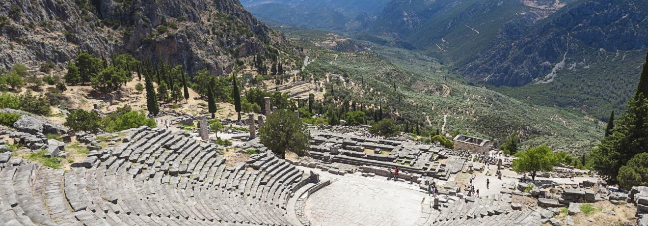 The theatre of Delphi, built in 400 BC of white stone from Parnassus. Its capacity is estimated to 5000 spectators and it bears all the typical architectural features of the Late Classical Greek theatres.