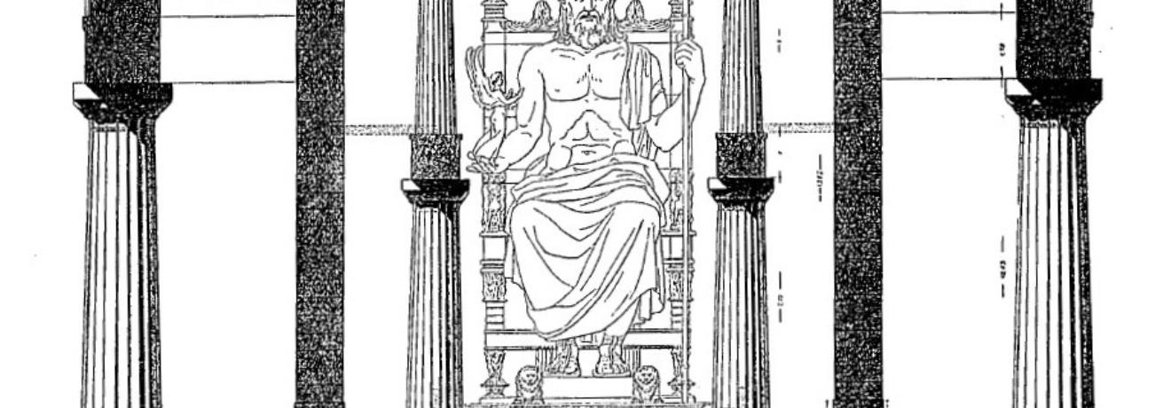Drawing reconstruction of the chryselephantine statue of Zeus by Pheidias