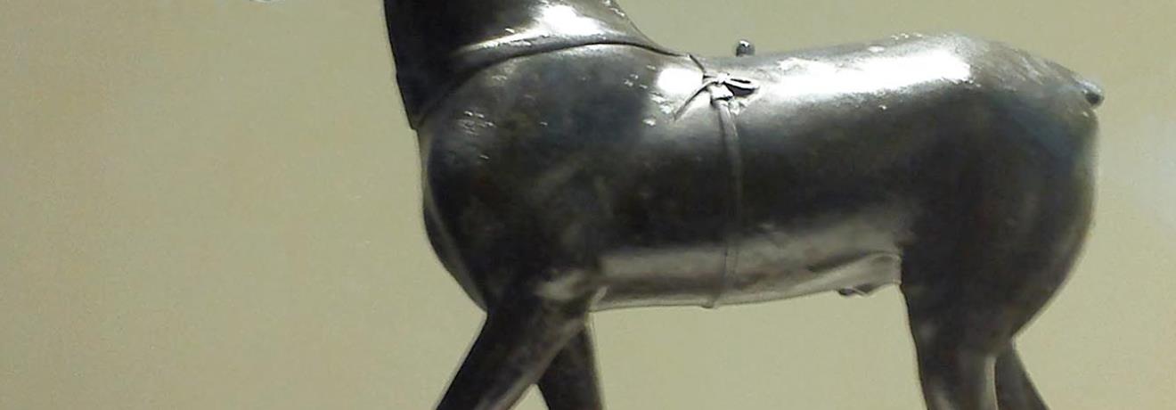 Bronze statuette of a horse. Its posture indicates it's prepared for race (ca. 470 BC)